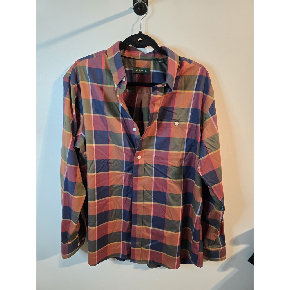 Orvis Shirt Men Large Multicolor Plaid Button Down Cotton‎ Stretch